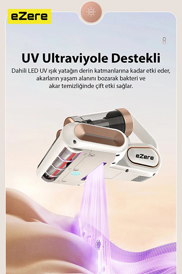 DustAway 17000Pa Güçlü Kablosuz Akar ve Toz UV Işıklı Yatak ve Koltuk Temizleyici